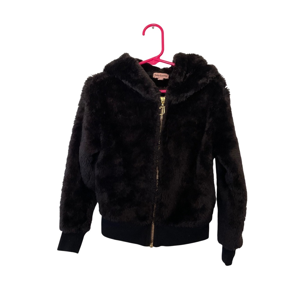 Juicy Couture Girls Black Faux Fur Hoodie Bear Ears Zip Up Jacket XS 5/6 - Picture 2 of 8